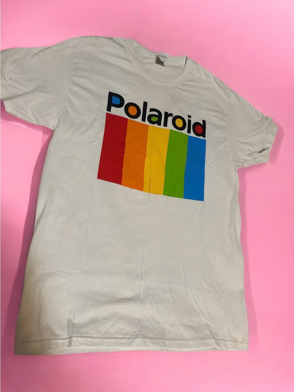 Polaroid Kids White Tee with Red Orange Yellow Green Blue Stripe Logo